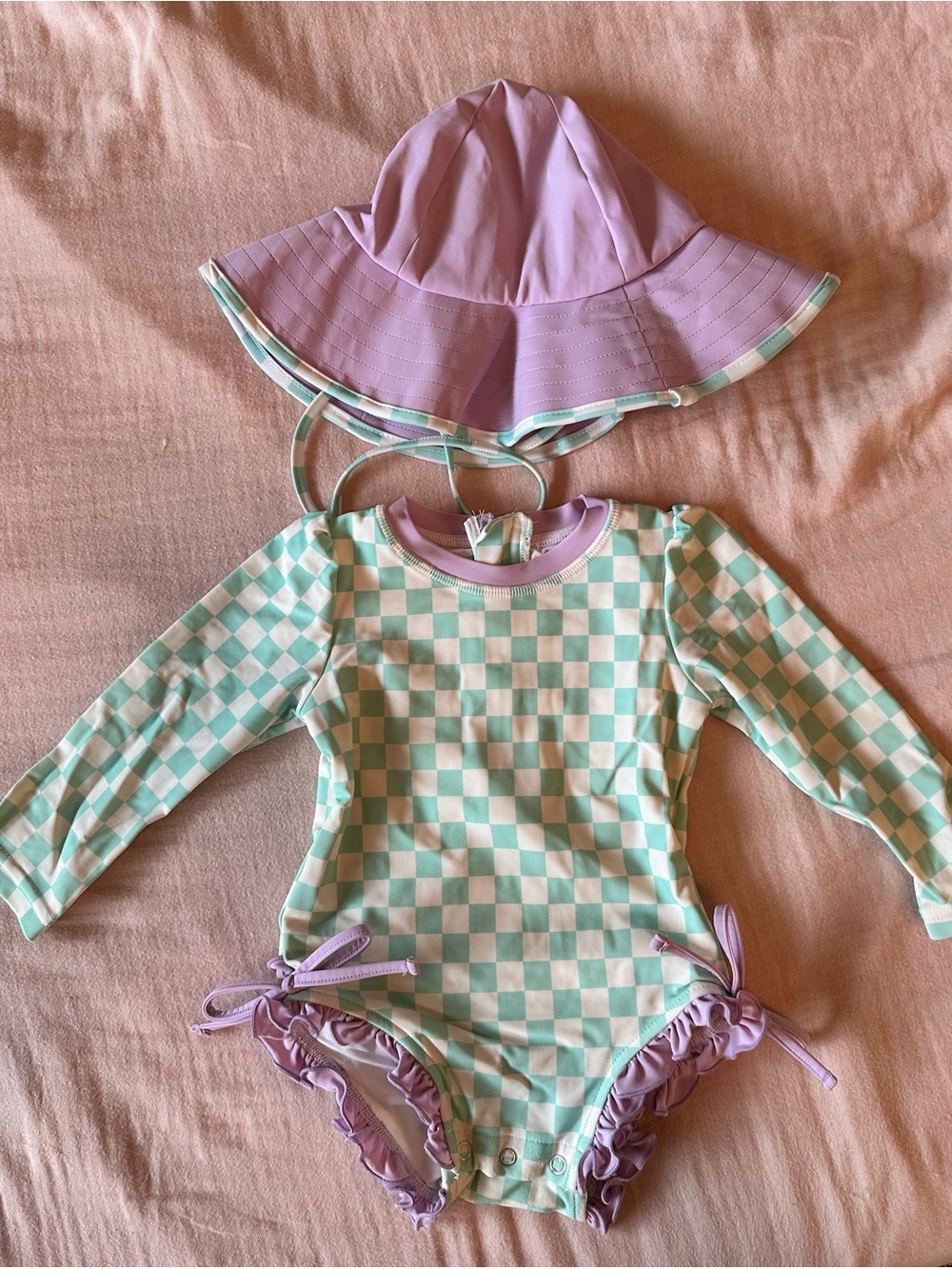 Caden Lane Mint & Lavender Check Long-Sleeve One-Piece Swimsuit with Sun Hat